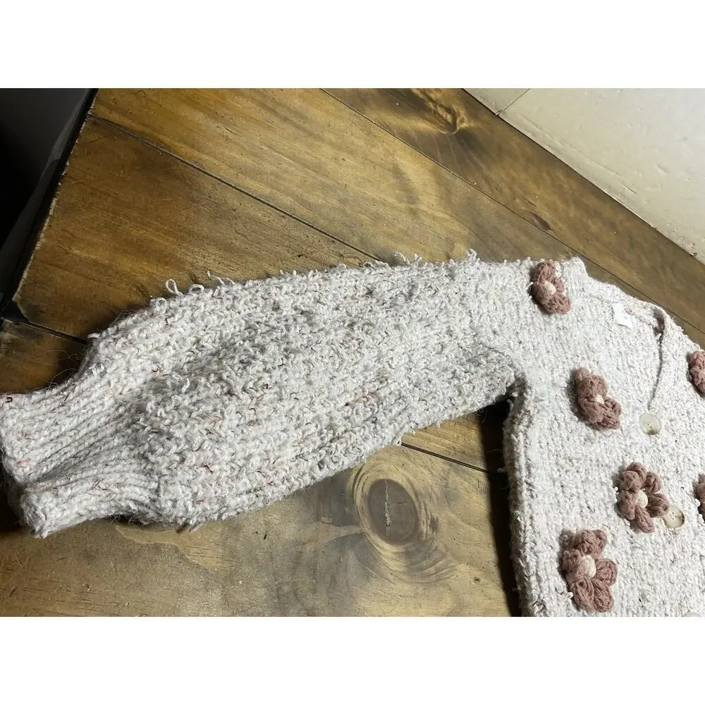 Luna Ivy Flower Crochet Oversized Cardigan Sweater Top Warm Beige Medium